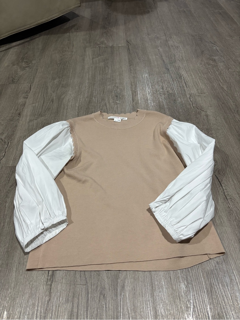 Veronica Beard Steffi Mixed Media Merino Wool Blend Top In Oatmeal Size XL - Picture 3 of 5